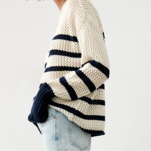 BOGO! Zara Crochet Knit Striped Nautical Pullover Sweater Cream Size XS